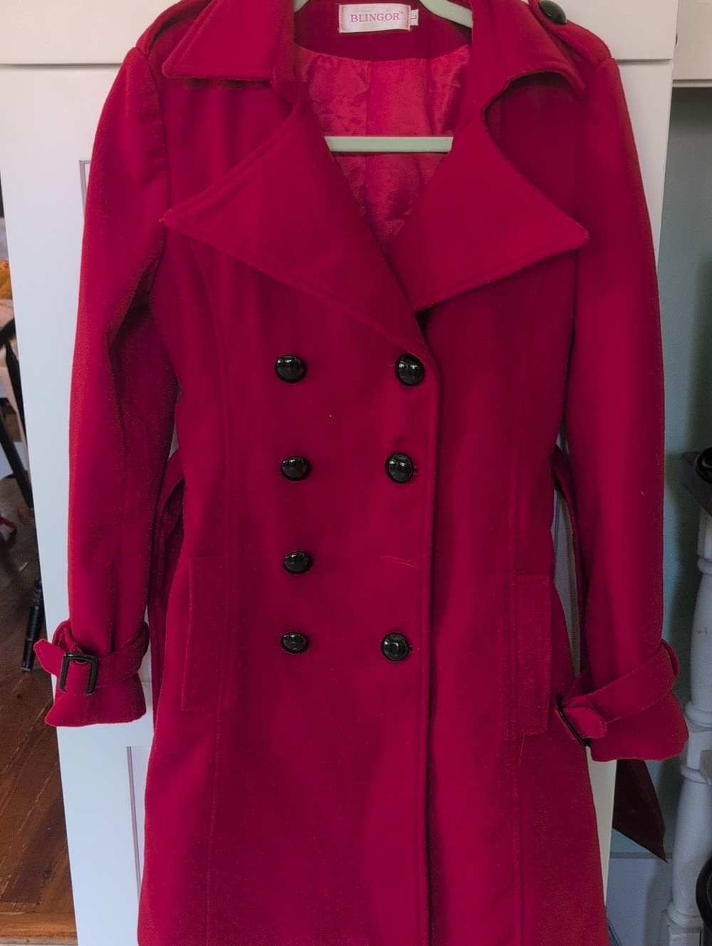 Blingor Double-Breasted Cherry Red Wool-Blend Felted Peacoat- L Fits Like M